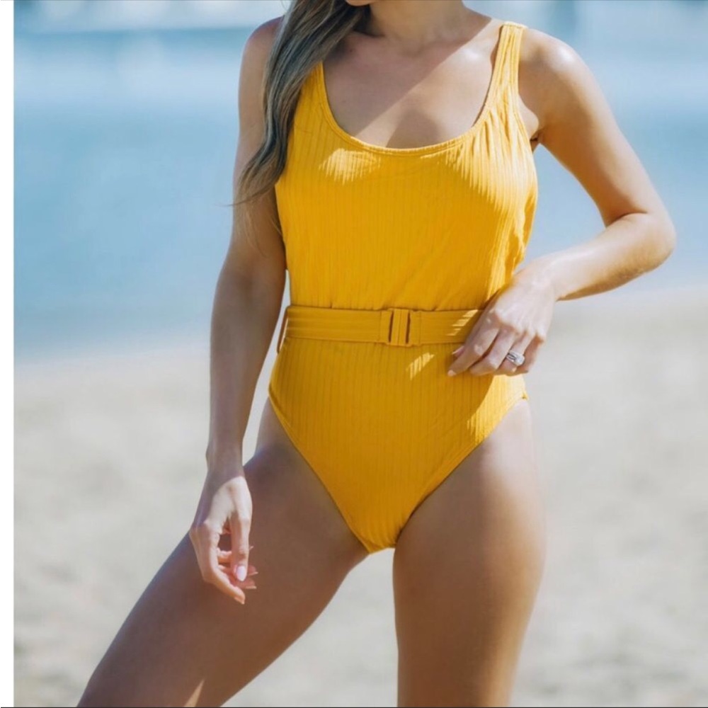 Textured Belted One Piece Swimsuit